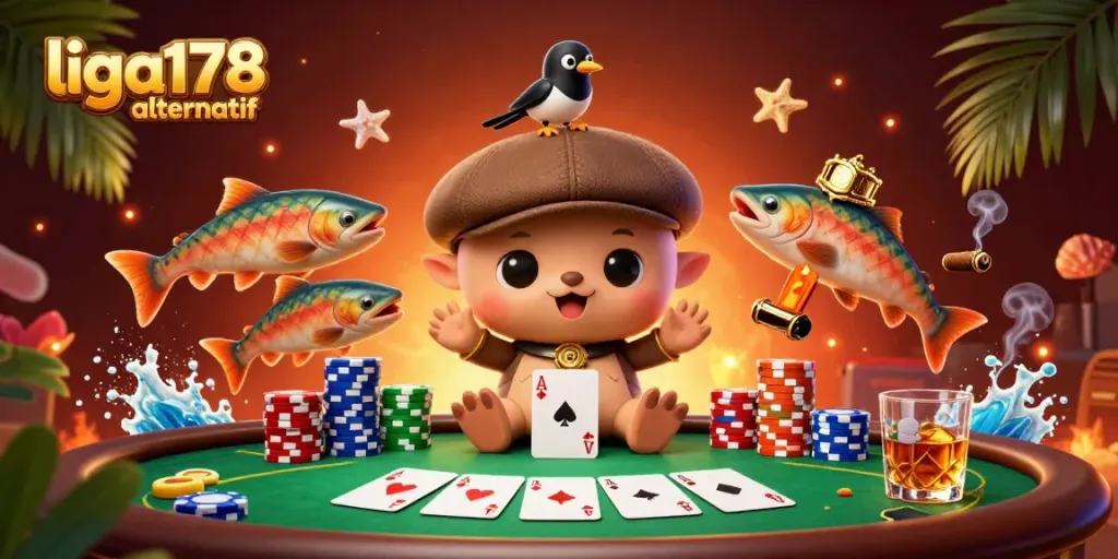 Permainan seru liga178 alternatif dengan kartu poker dan ikan tartan dalam ilustrasi kasino.
