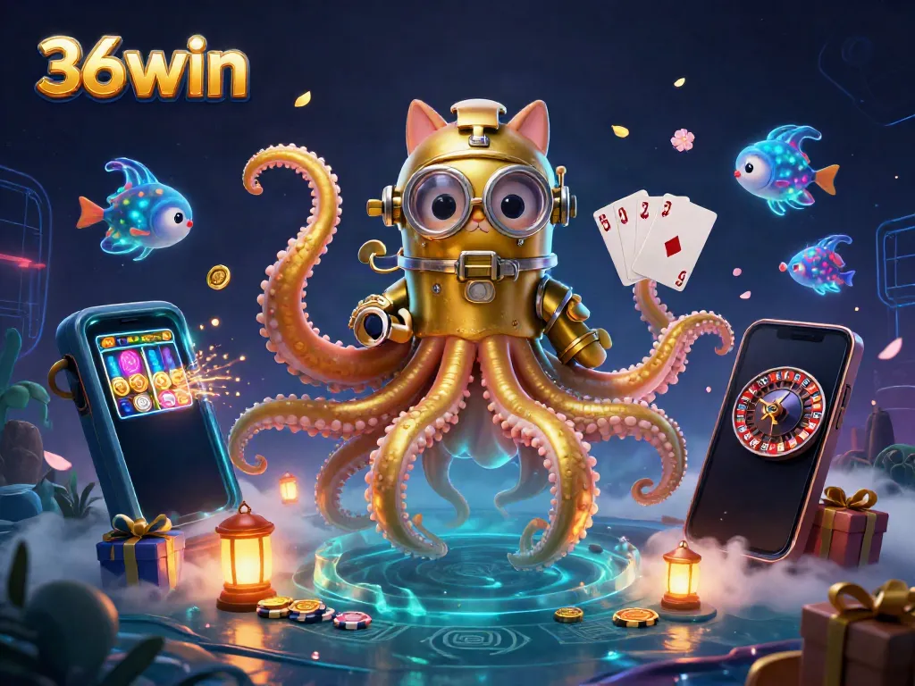 Experience thrilling gameplay at 36win with a vibrant scene of gaming excitement, featuring a kraken and diving cat.