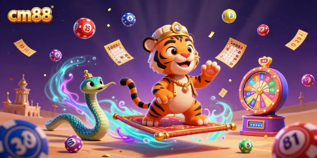 Engage with cm88 in a vibrant casino world featuring a tiger sultan, magical elements, and dynamic lottery visuals.