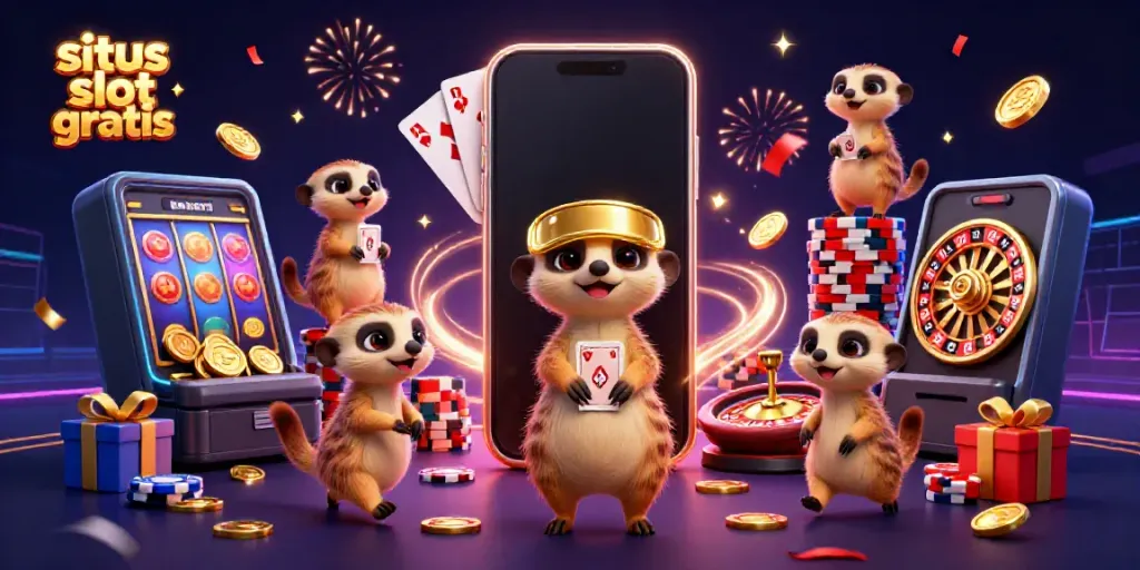 Experience the excitement of situs slot gratis with lively meerkats in a vibrant casino scene.