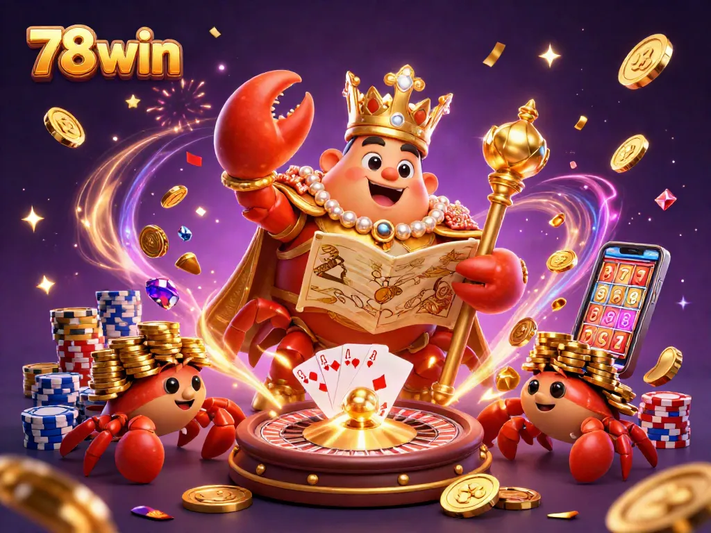 Experience the excitement of 78win with vibrant fantasy-themed casino illustration featuring golden crab and treasure