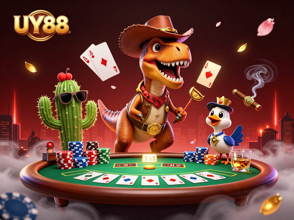 Join the dynamic adventure with UY88's 3D cartoon cowboy dinosaur and friends at the gambling table.