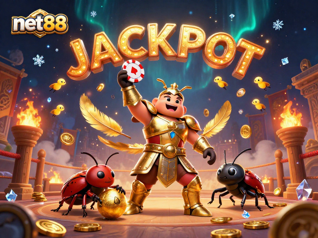Celebrate wins at net88 with cartoon heroes lifting poker chips against a vibrant casino backdrop.