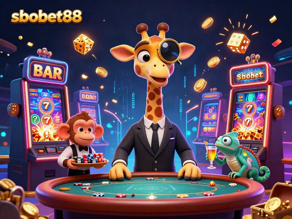 Sbobet88 illustrated as a fun, animated scene featuring a giraffe and casino elements, perfect for gamblers.