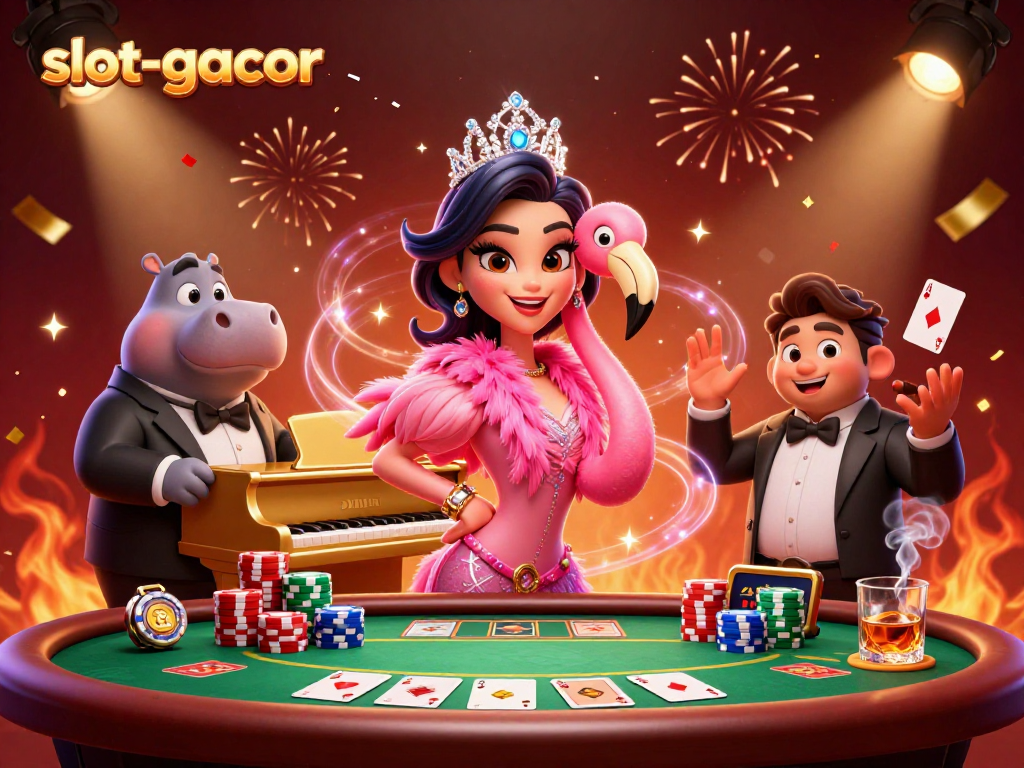 Catch the thrill at slot-gacor with vibrant characters singing and playing amidst casino splendor.