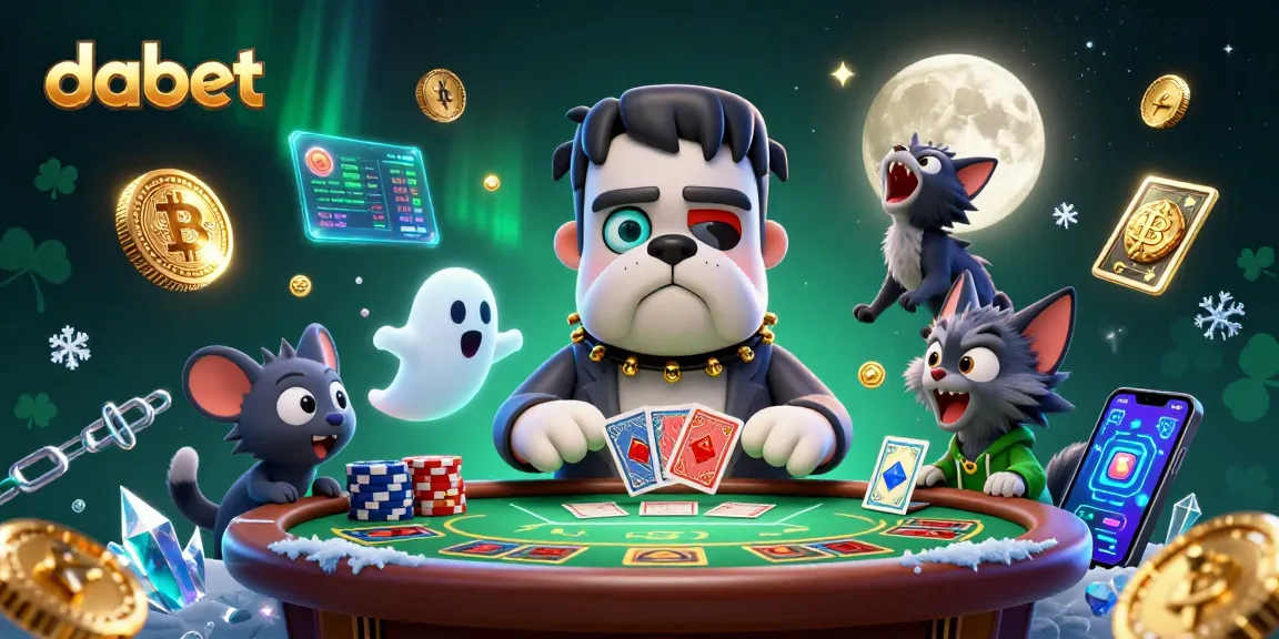 Play exciting card games with dabet as a cartoon bulldog deals at a spooky table.