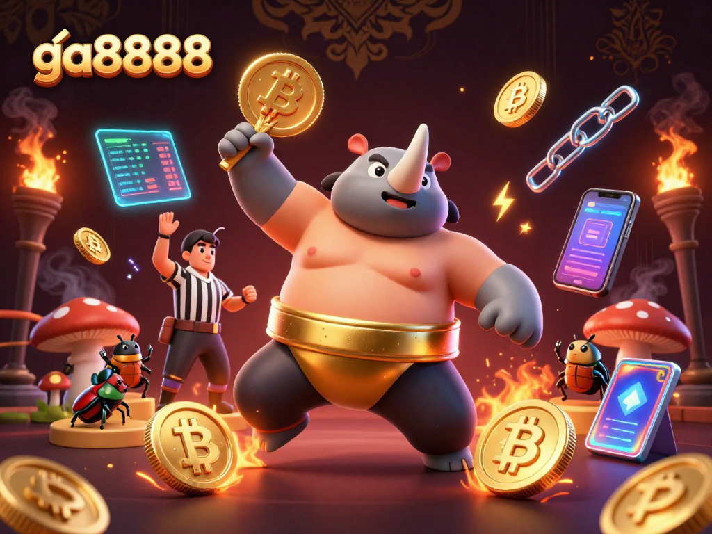 Experience thrilling gameplay with ga8888 as a sumo beetle stomps golden coins in a vibrant casino scene.