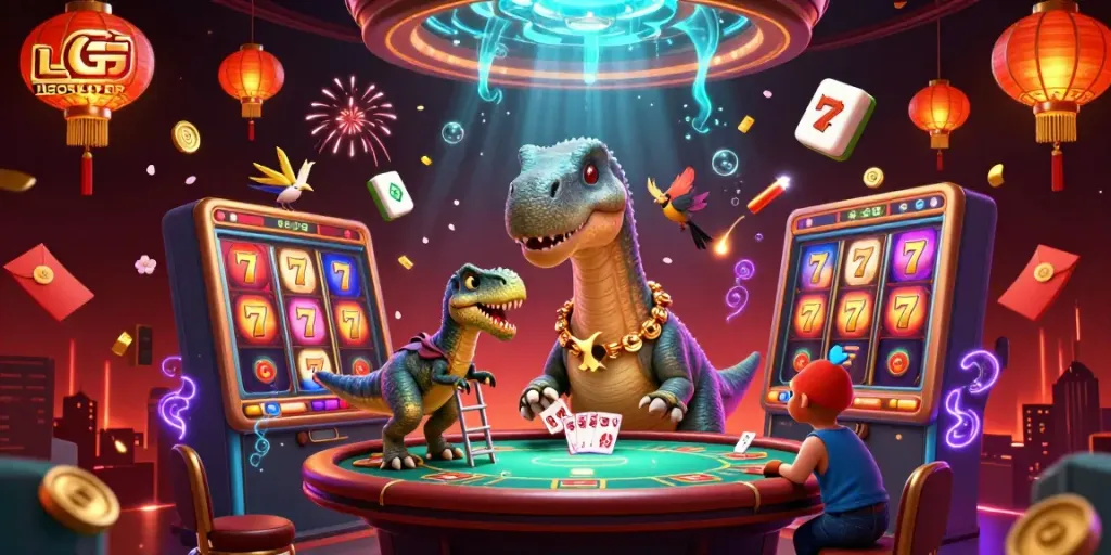 Experience thrilling gaming with LGOSUPER as a giant brontosaurus watches a clever raptor deal cards.