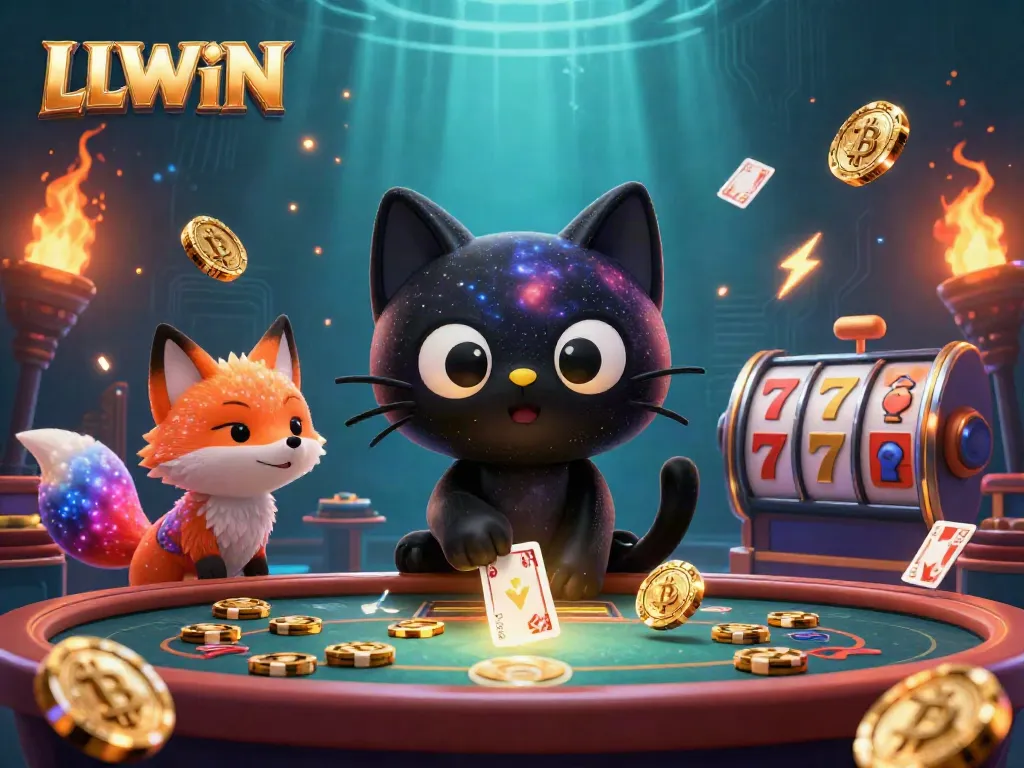 Experience thrilling LLWIN gameplay with a captivating 3D cosmic casino scene featuring playful characters and dynamic game elements.