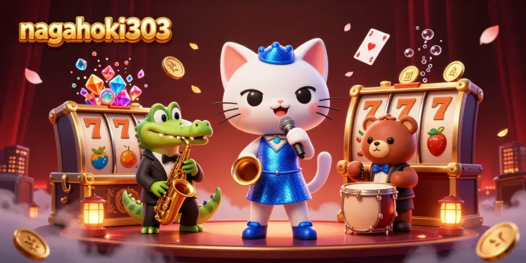 Mengklaim kemenangan di nagahoki303 dengan karakter kartun kucing penyanyi jazz di panggung kasino.