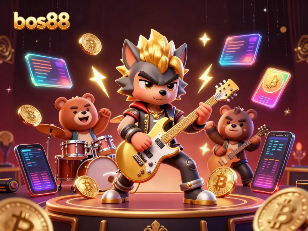 Experience thrilling gaming action with bos88 featuring a rock star wolf and a wild bear on stage.