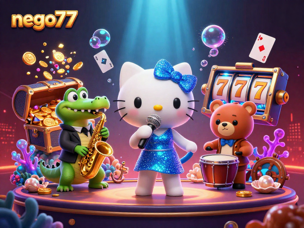 Play at nego77 with lively characters enjoying casino excitement and dynamic elements.