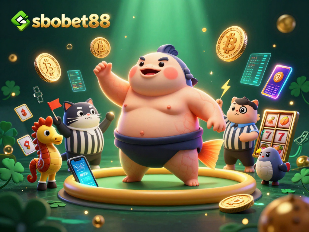 Engage with sbobet88 in this vibrant casino scene featuring a fugu competitor, seahorse fans, and dynamic gaming elements.