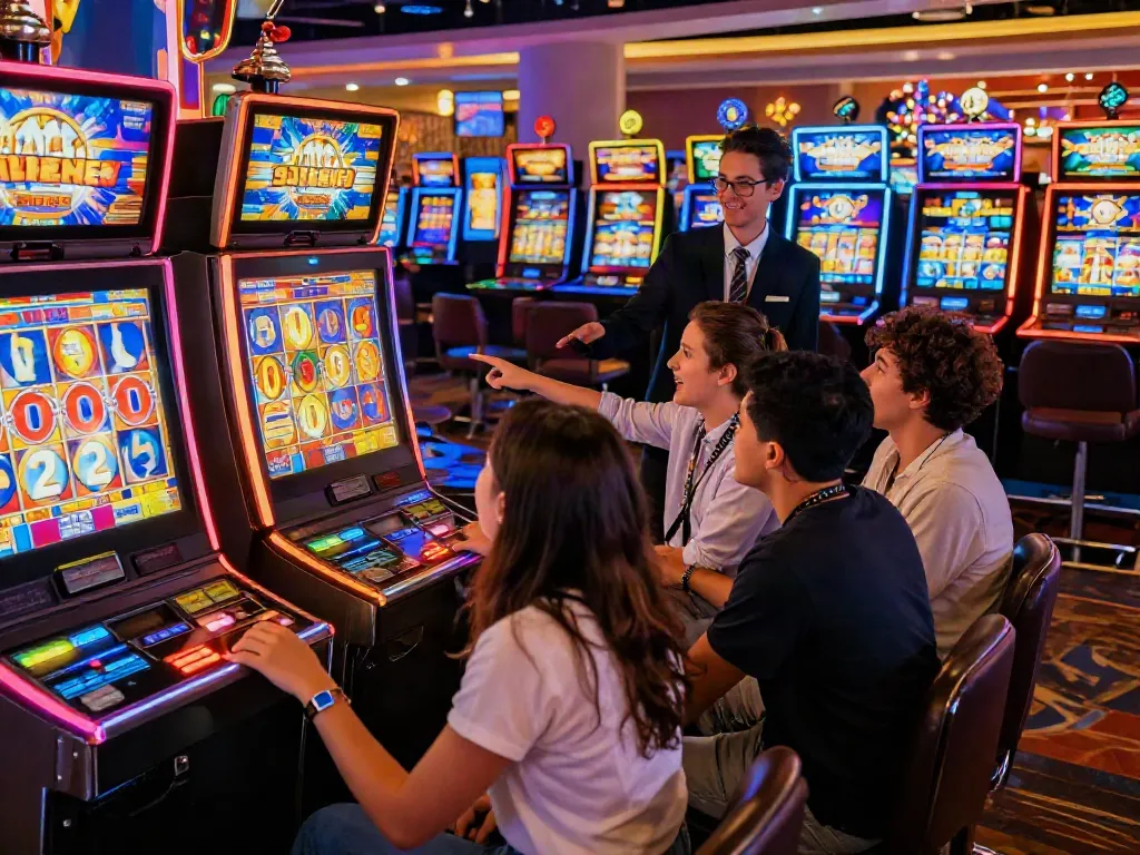 Group of players enjoying slot gacor machines in a lively casino in 2026.