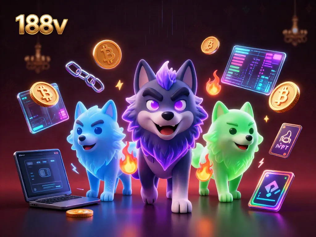 Experience thrilling gaming at 188v with the wolf pack leader and crypto elements in a vibrant casino scene.