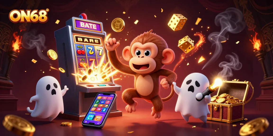 Experience big wins at ON68 with a ghost-hunter puppy tracking a mischievous monkey in a vibrant casino scene.