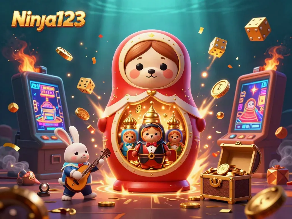 Ninja123 features whimsical casino-style illustration with a Matryoshka bear and casino elements.