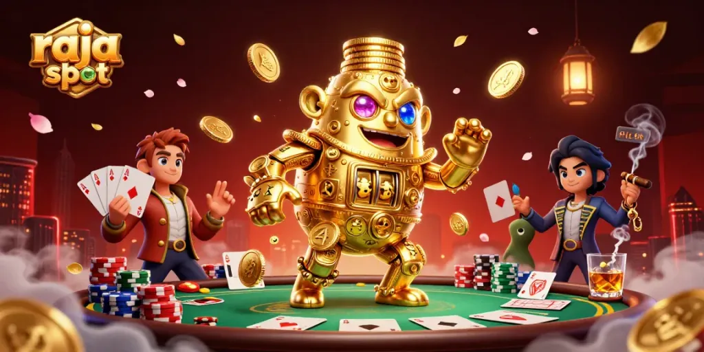 Raja slot menampilkan golem emas kuno dengan simbol mesin slot, terbangkan koin saat bermain di meja poker.
