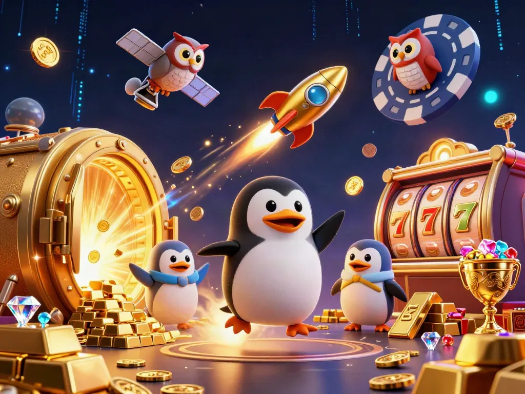 Engage with slot excitement as a golden penguin navigates a vibrant casino cosmos.