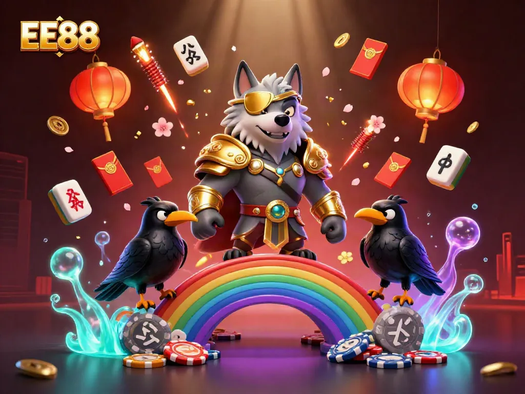 Experience casino excitement with EE88's vibrant 3D Norse mythology casino scene featuring Odin and lucky symbols.