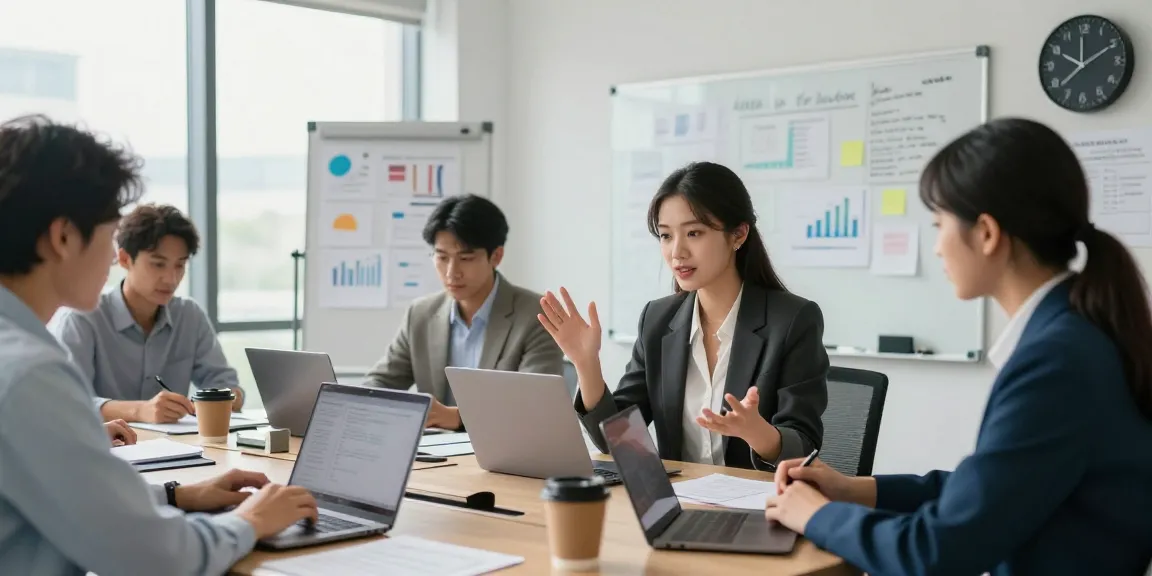 Collaborative office environment focused on หางาน with professionals engaged in teamwork, video conferencing, and career development.