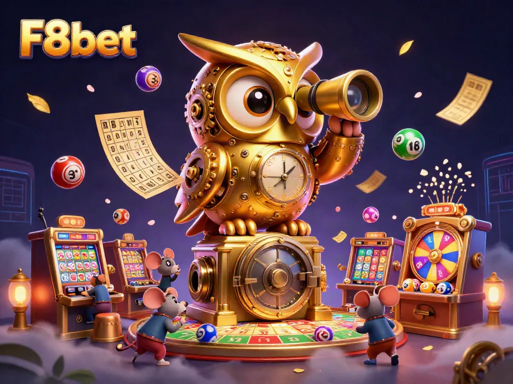 Engage in thrilling gaming action with F8bet, a dynamic illustration showcasing vibrant casino elements and colorful lottery balls.