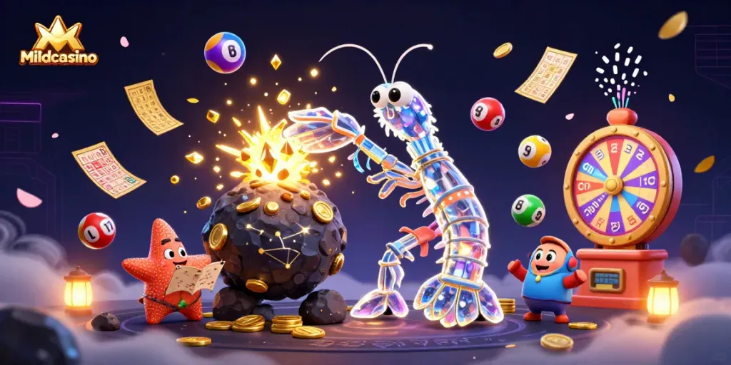 Mildcasino showcases vibrant lottery elements and games in a dynamic 3D casino scene.