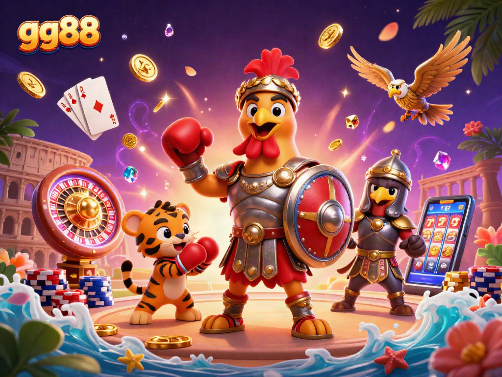 Engaging gg88 experience with a gladiator rooster and dynamic casino elements.