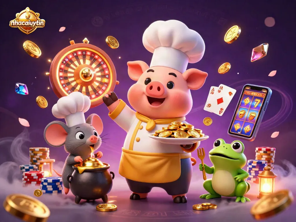 Join the action with nhacaiuytin's gourmet casino scene featuring a chef pig serving gold coins.