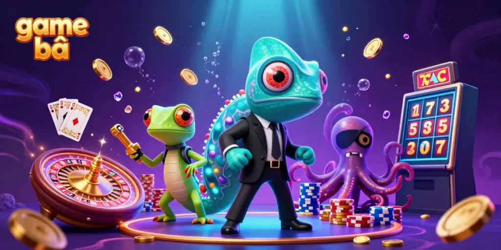 Engage in exciting game bài with vibrant characters, cascading coins, and thrilling casino elements.