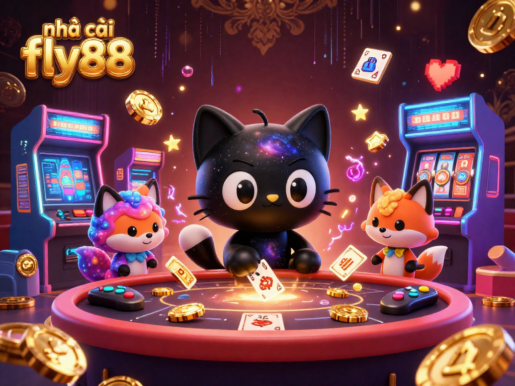 Engage with the nhà cái fly88 cosmic casino scene featuring a black hole cat pulling in chips and cards.