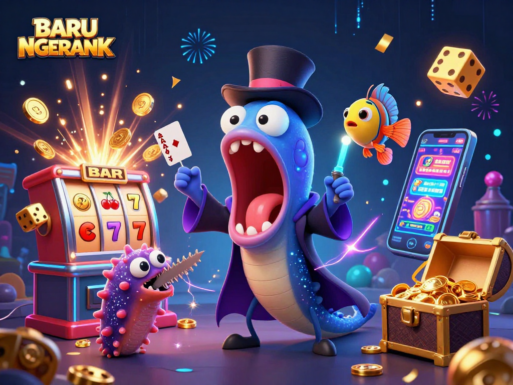 Experience the excitement of BARU NGERANK with a vibrant 3D illustration of casino magic, featuring jackpot symbols.