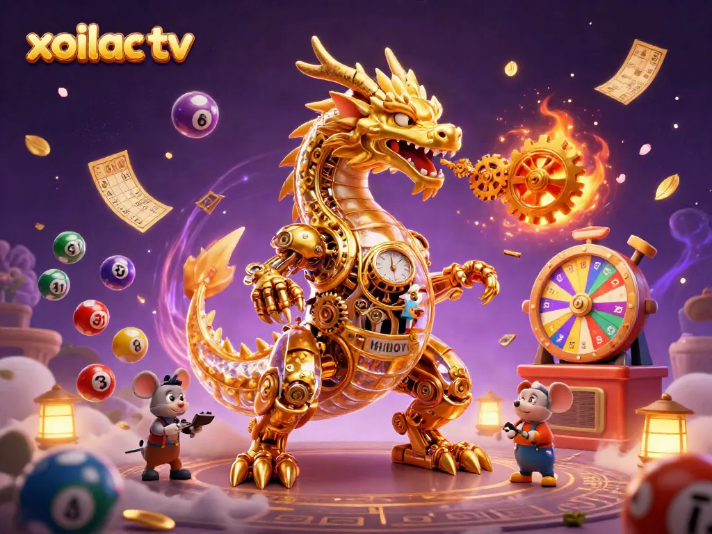 Experience the excitement of xoilac tv with a mythical dragon surrounded by vibrant lottery elements.