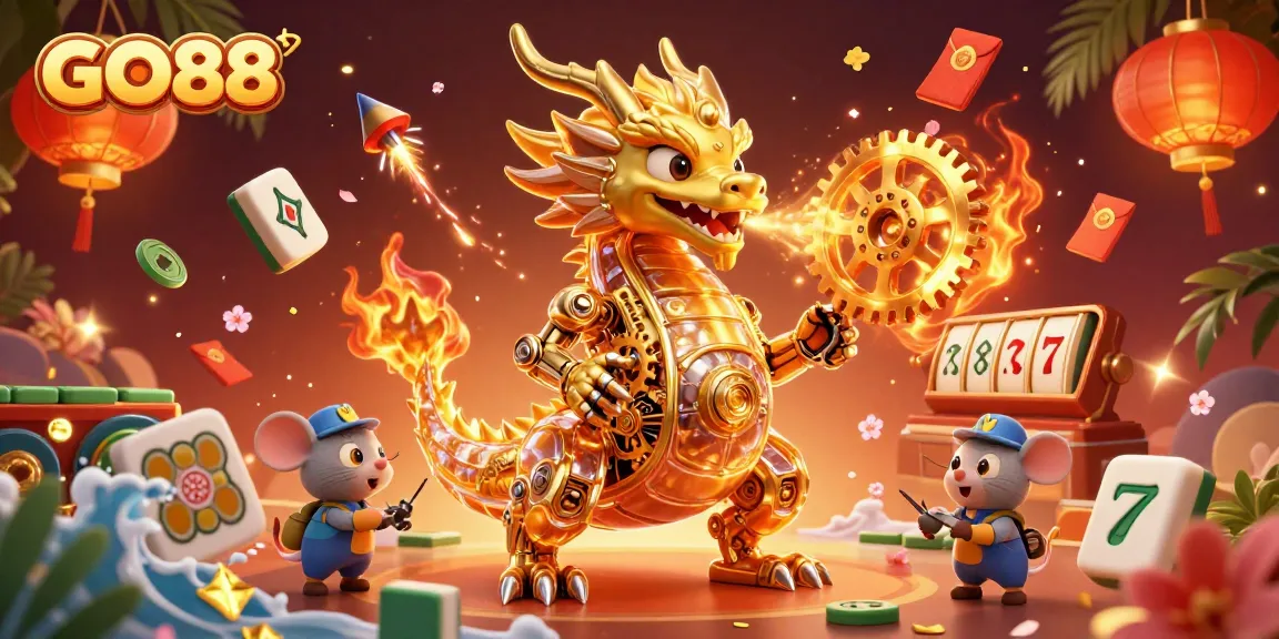 Engage with GO88's vibrant casino gaming world, featuring a dynamic 3D dragon and intense gaming elements.