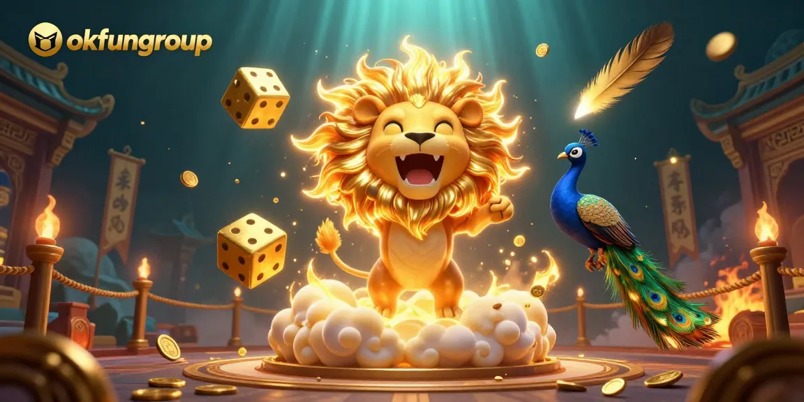 Bet big with okfungroup in a vibrant casino scene featuring golden dice, coins, and dynamic game elements.