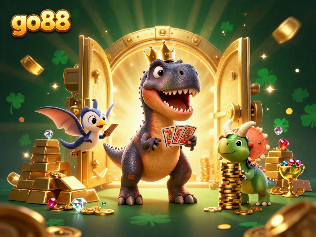 Experience the thrill of go88 as a friendly T-Rex shuffles cards amidst treasures and excitement.