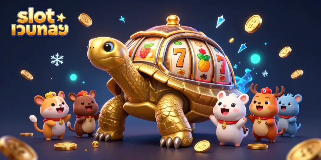 เล่นเกมสล็อตกับ slot เว็บตรง โดยมีเต่าทองคำและสัตว์น้อยรอเล่นอยู่