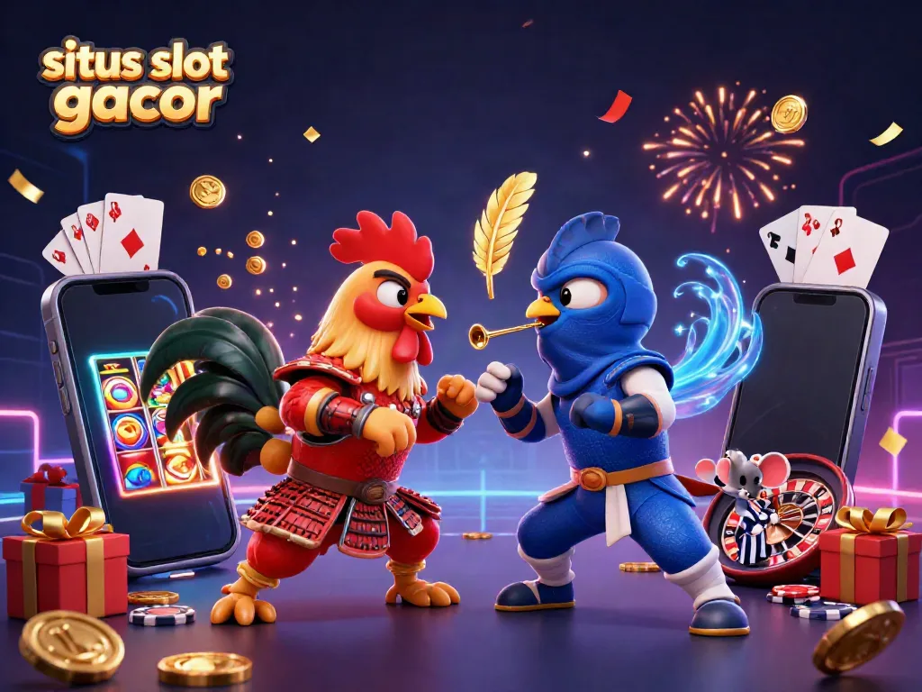 Gambaran situs slot gacor dengan ayam laga 3D dan elemen permainan kasino lainnya dalam ilustrasi menarik.
