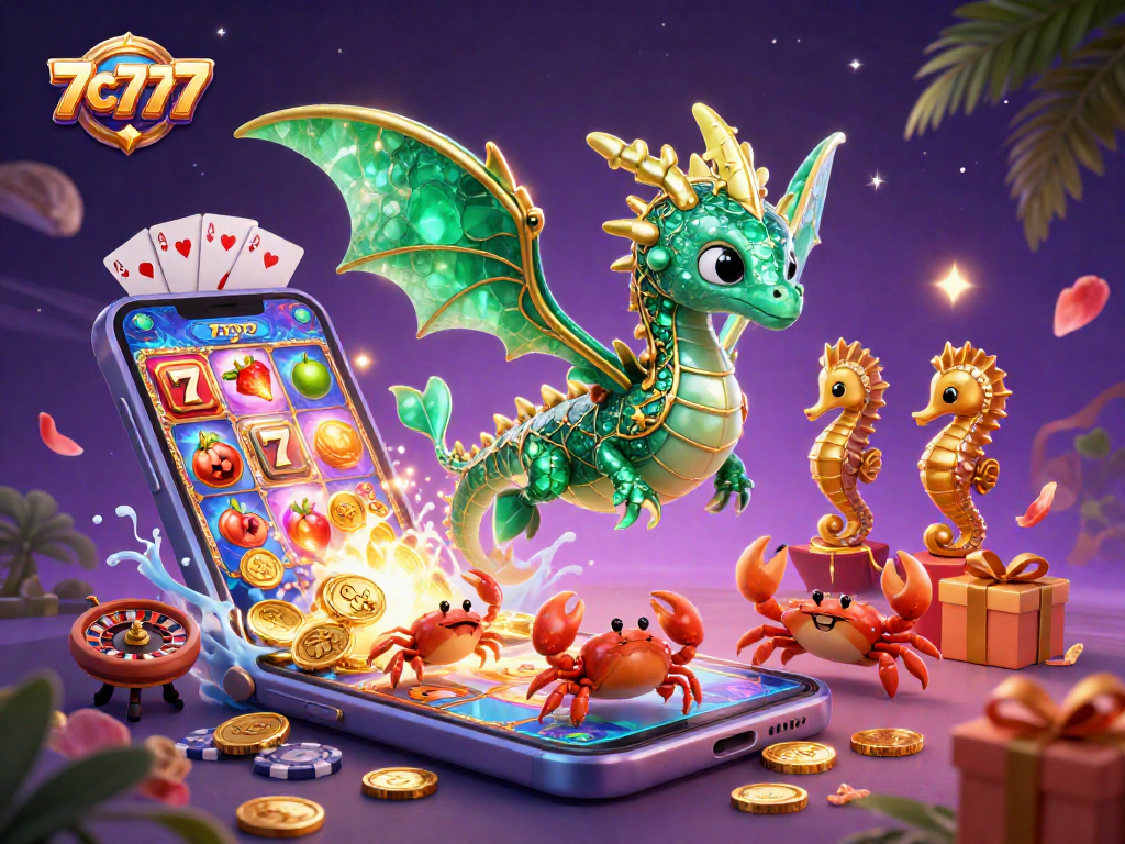 Experience thrilling wins at 7c777 with a vibrant sea dragon illustration surrounded by casino elements.