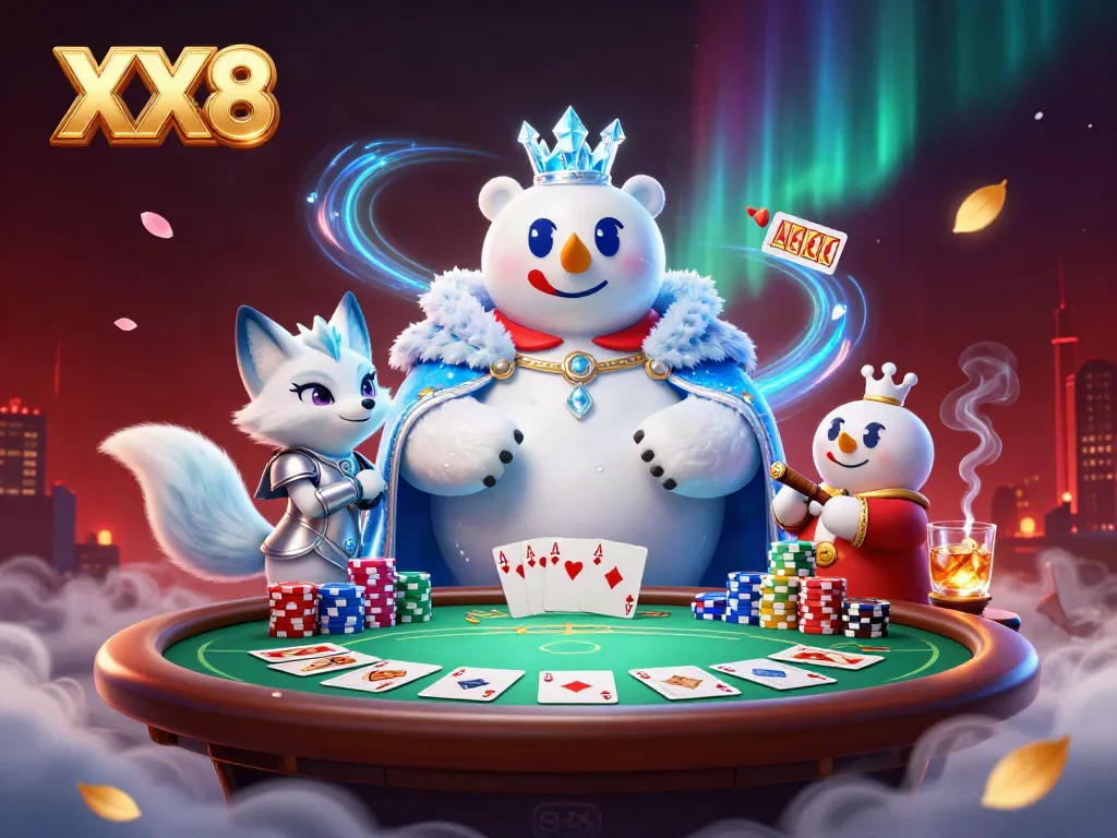 Engage with XX8's vibrant casino scene featuring a polar bear and snow fox amidst poker elements.