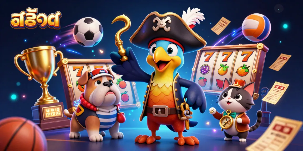 Play สล็อต with vibrant casino characters and exciting game elements scattered in a dynamic scene.