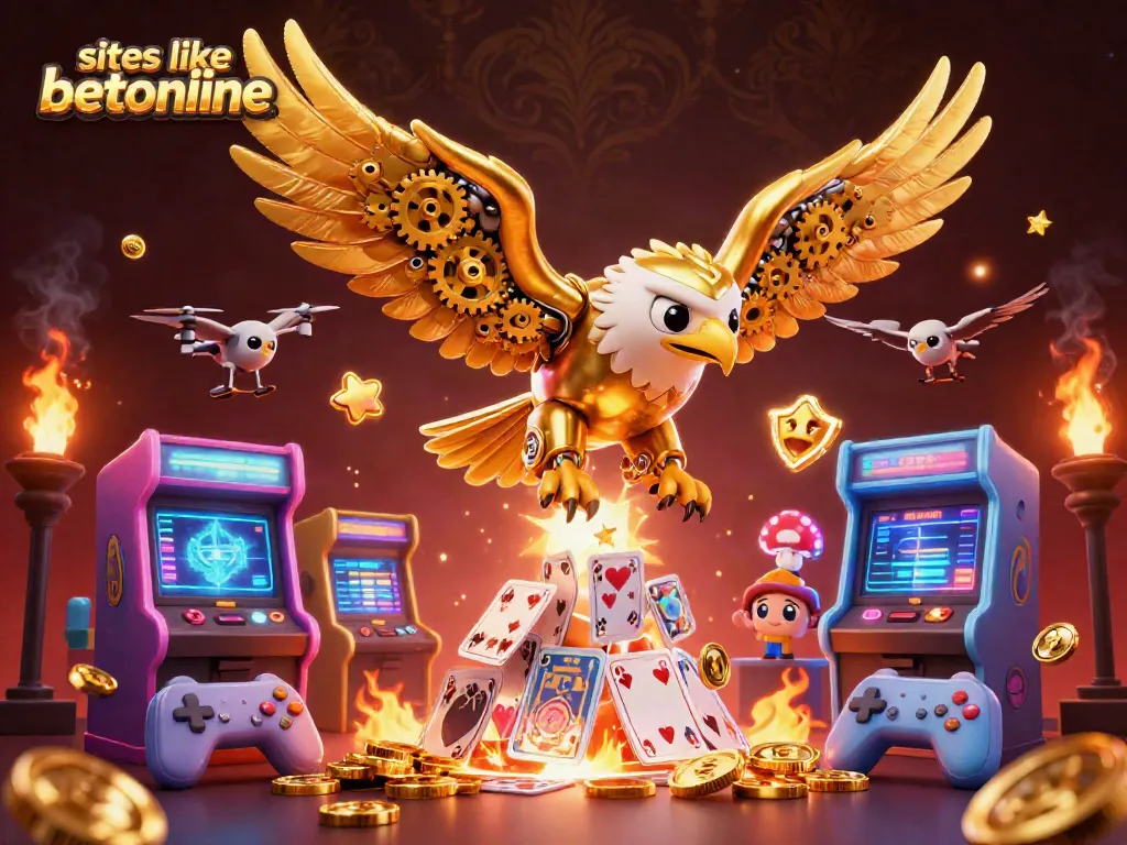 Explore exciting games like sites like betonline with a golden eagle amidst vibrant casino elements