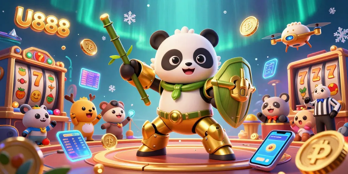 Engage in thrilling U888 casino action with a golden panda in a mech-suit and colorful slot reels.