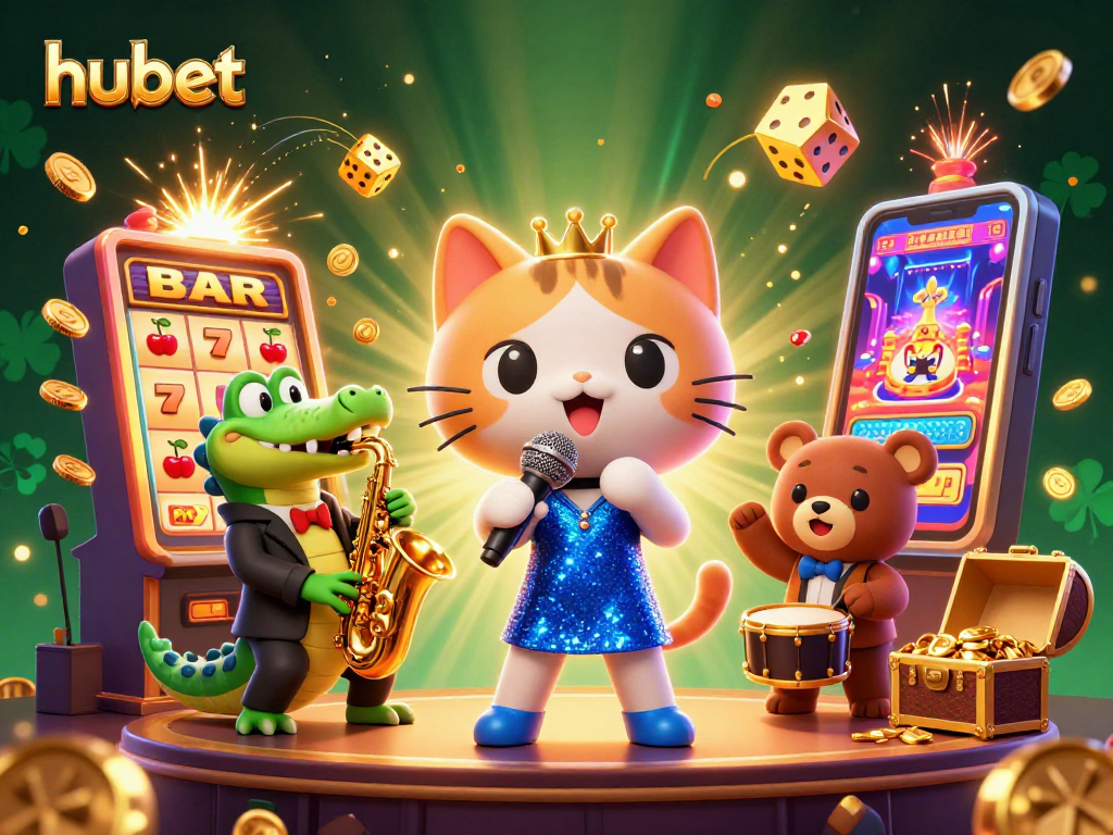 Experience the excitement at hubet casino with cartoon characters amidst coins and jackpots.