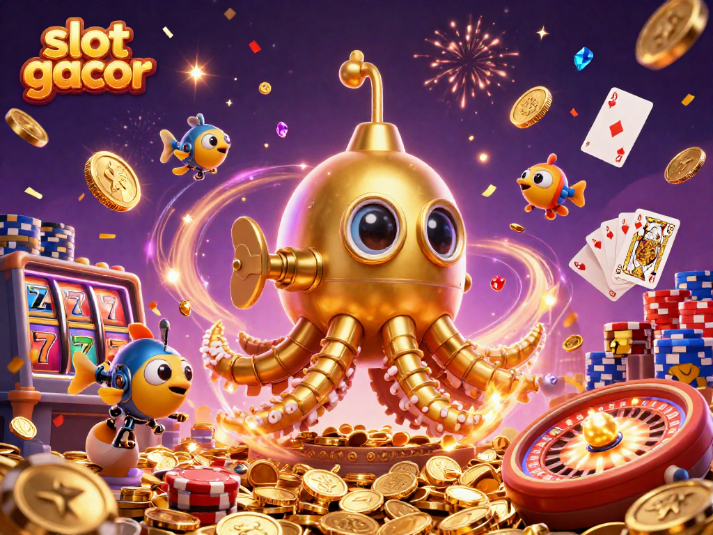 Engage with slot gacor features and whimsical casino elements in a vibrant scene.