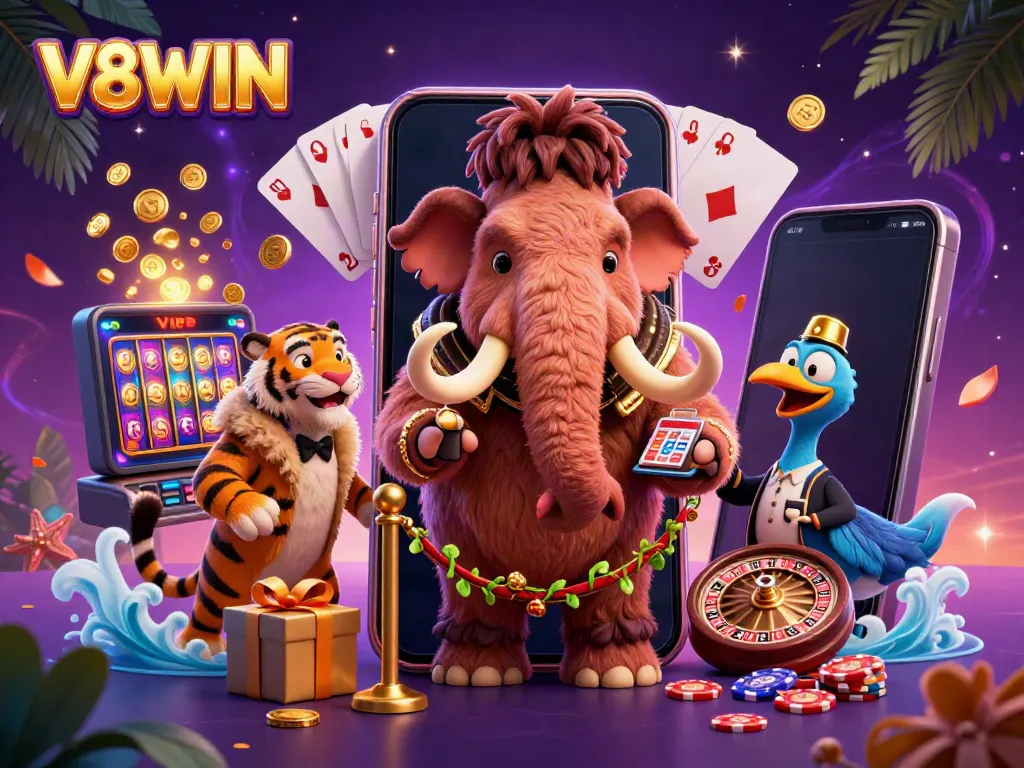 V8WIN casino scene with a woolly mammoth bouncer checking IDs for an elegant saber-tooth tiger VIP.