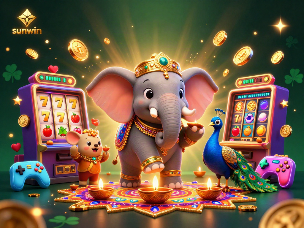 Play with sunwin's vibrant 3D illustration showcasing an elephant and peacock amidst slot games and jewels.
