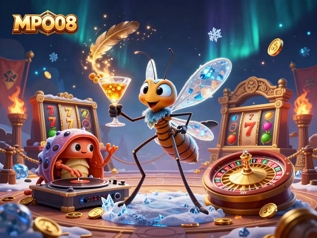 MPO08 showcases a vibrant casino scene with unique characters and elements, inviting players to engage in gaming excitement.