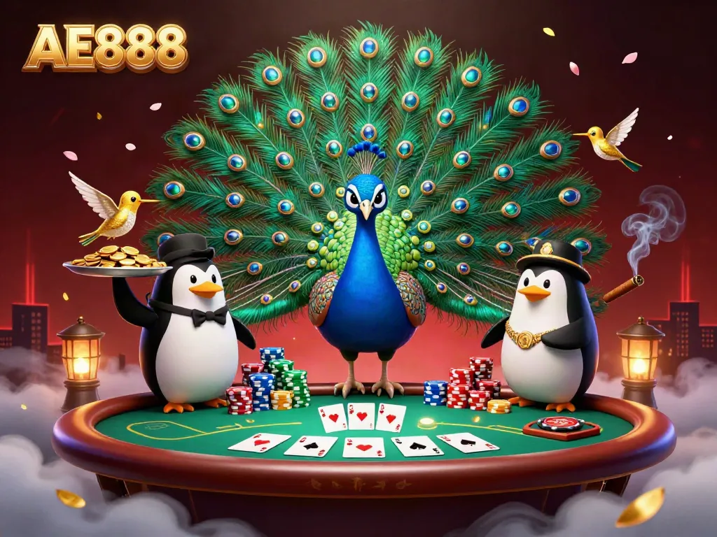 Experience the excitement at AE888 with vibrant casino elements, showcasing the peacock and penguin duo.