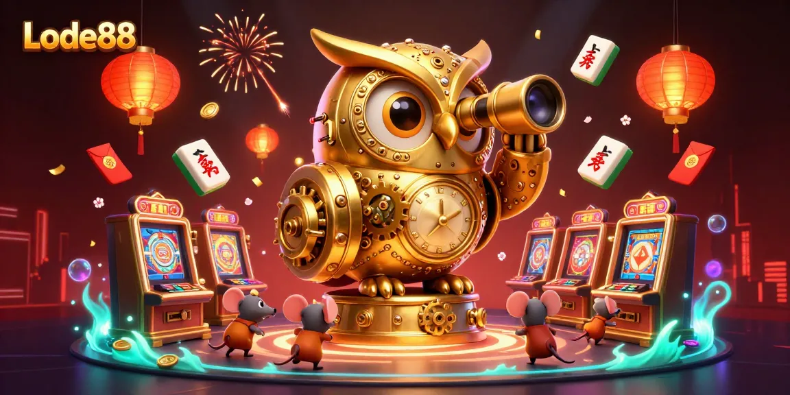 Engage with Lode88's vibrant casino floor featuring a golden owl and whimsical characters.